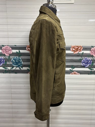 Men's Olive Green Suede Jacket Trucker Biker Shirt Snap Button Closure Casual Co - Picture 5 of 16
