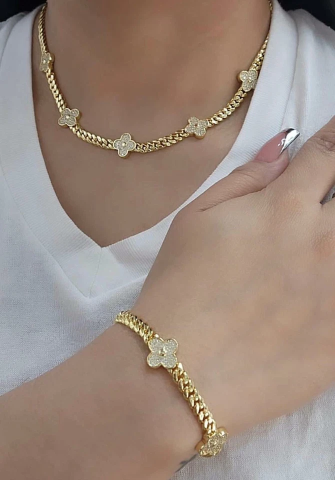 14K Gold Plated Cz Clover Flower Cuban Choker Chain Necklace And Bracelet Set  - Image 2 of 2