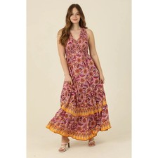 Angie Smocked Maxi Dress Womens M Pink V-Neck Boho Bohemian Hippie Cottage Flowy