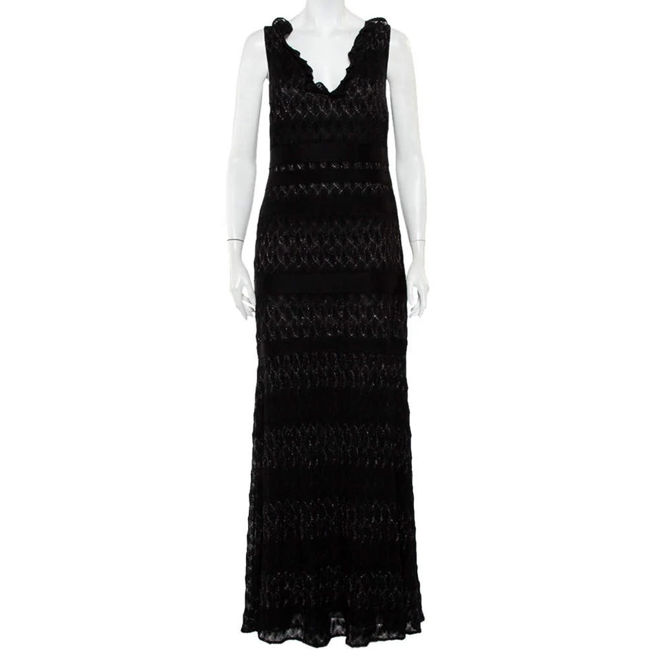 Maxi Vestido Missoni Negro Lúrex Tejido Cuello Volantes Sin Mangas M