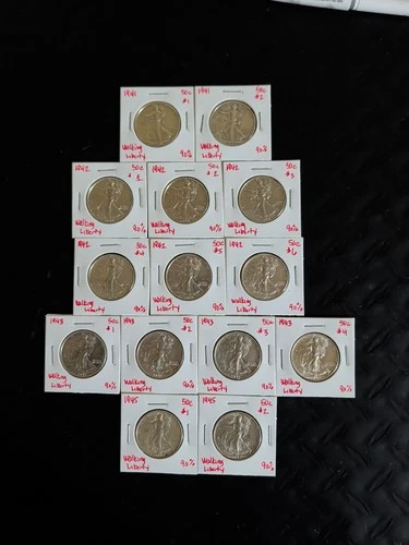 Lot Of 14 Pristine/AU Silver Walking Liberty Coins 1941-1945