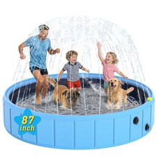 Foldable Dog Pool with Sprinkler, 87 in Extra Large Non-Slip Dog Pet Bath Poo...