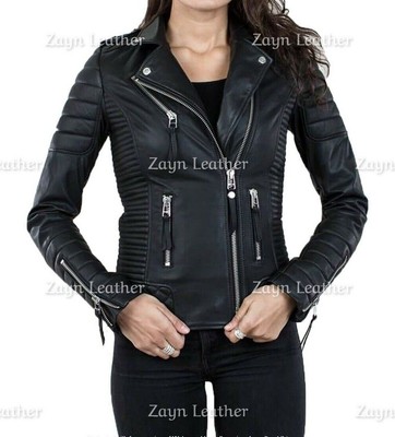Strapazierfähige schwarze Damen Motorrad Biker Jacke Echtleder...