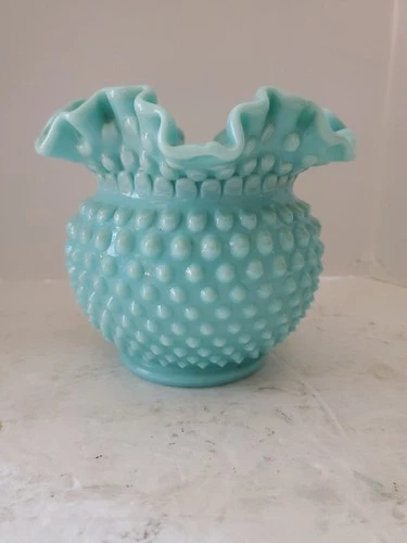 Rare Vintage Fenton Art Glass Turquoise Blue Pastel Hobnail 5 inch Ruffled Vase