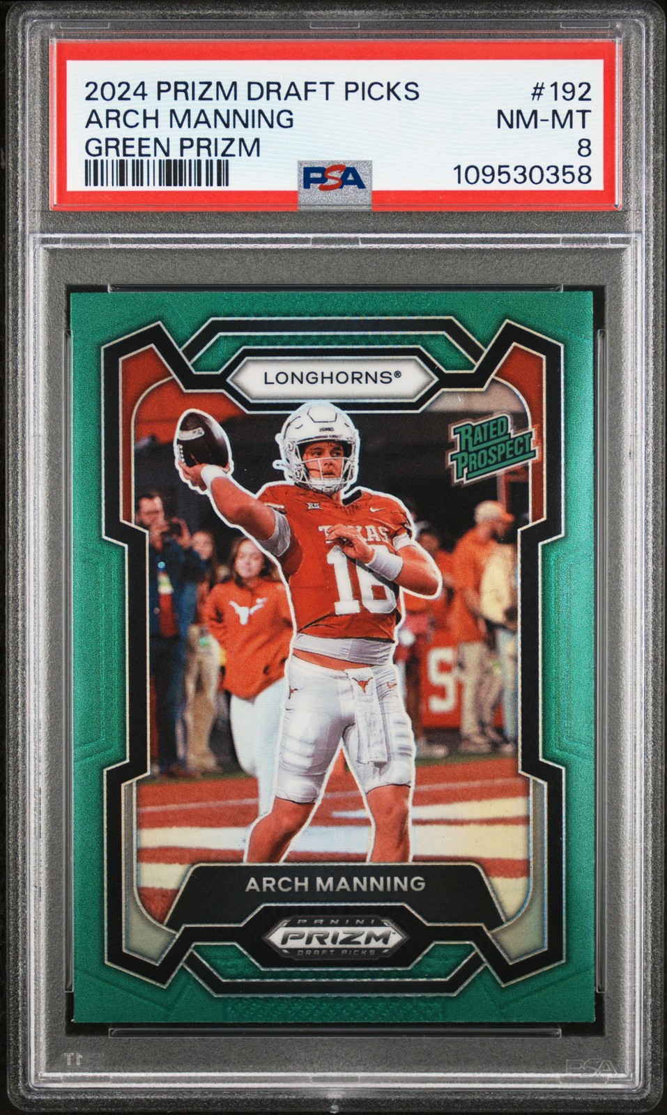 2024 PANINI PRIZM DRAFT PICKS GREEN PRIZM #192 ARCH MANNING PSA 8