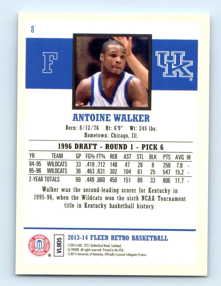 2013-14 Fleer Retro Antoine Walker Kentucky Wildcats #8 - Image 2 of 2