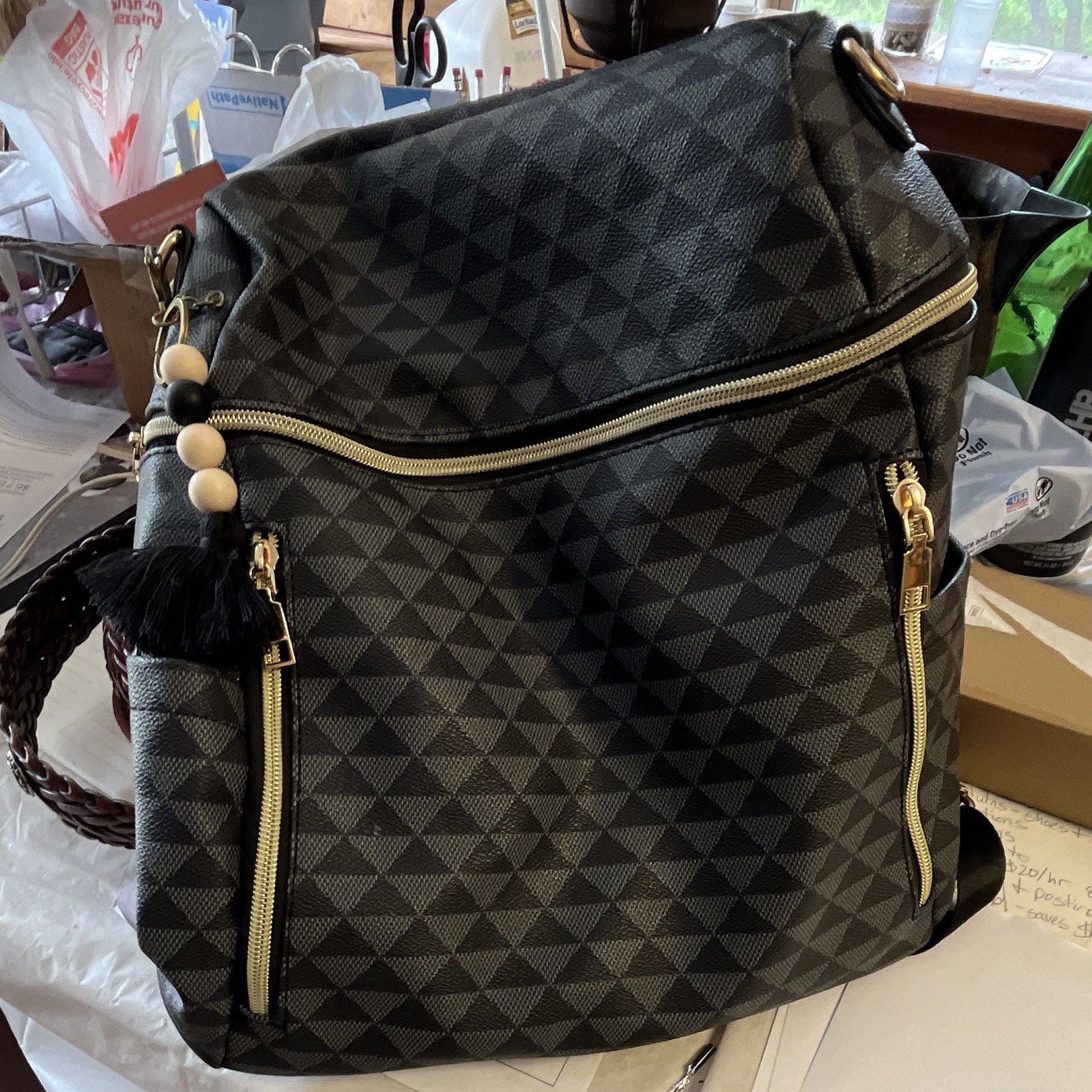 Women's Black/Gray Geometric Backpack Zip Closure Gold Hardware Bag Charm