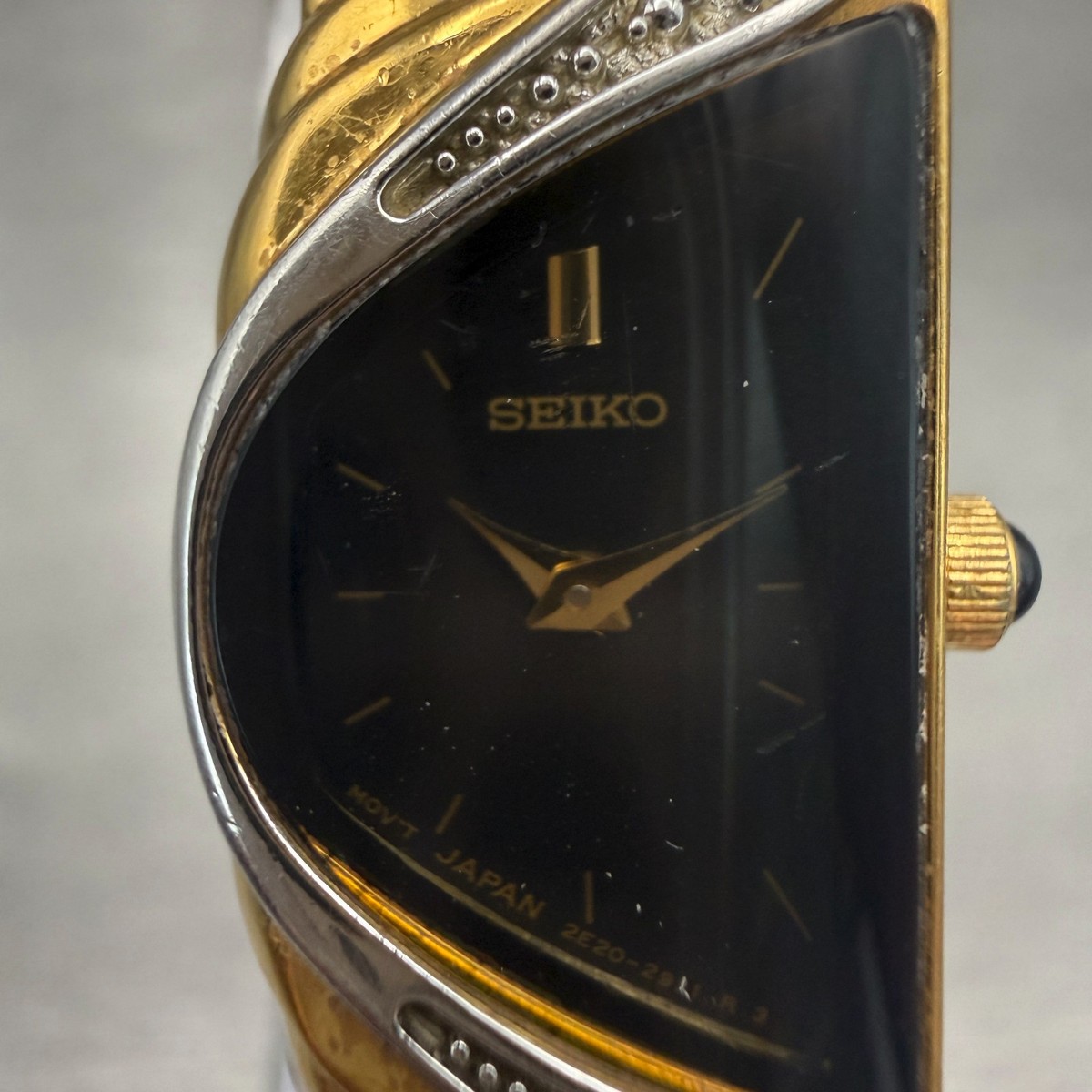 Seiko Half Moon Watch Women 14mm Black Dial Gold Tone Diamond 2E20