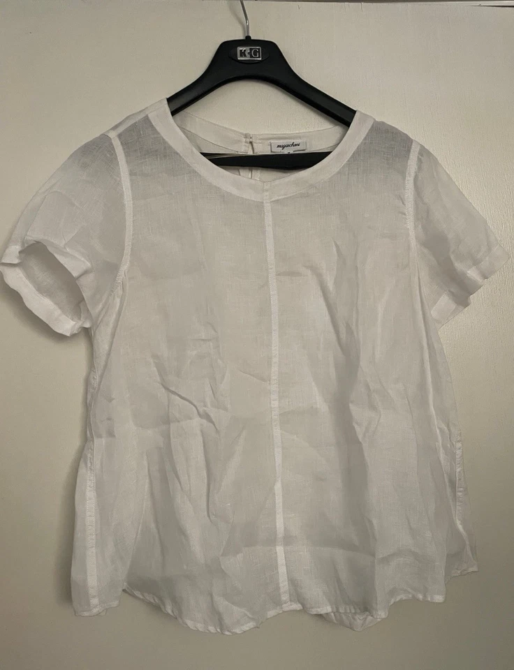 Magaschoni Talla M Mujer Top Manga Corta Lino Blanco Sólido, Blusa Informal Transparente Foto 3 de 4