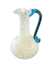 VTG Art Glass White Splatter Pitcher Creamer Bud Vase w/Blue Applied Handle 4.75