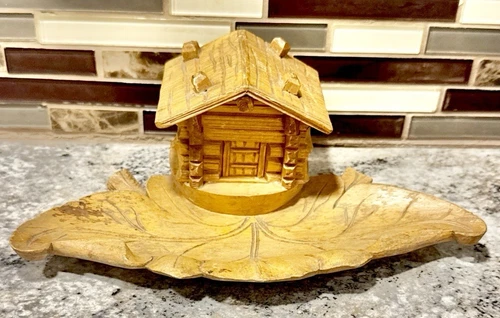 Early 1900s Black Forest Swiss Chalet Inkwell Holder Rustic 3”x6” Folk Art Wood