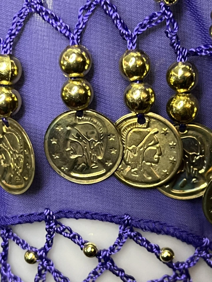 Cachecol feminino dança do ventre quadril tamanho único roxo chiffon ouro moeda franja xale - Imagem 3 de 4