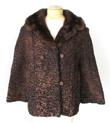 Vtg 50s 60s Rockabilly brown curly lamb swing jacket coat mink fur