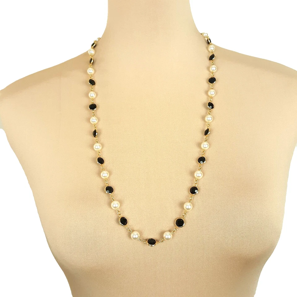 Swarovski Crystal Necklace Black Bezel Set White Faux Pearl Gold Tone Swan Stamp - Image 4 of 4