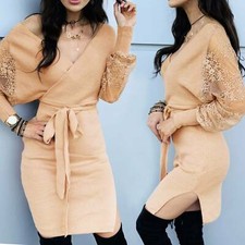 Winter Women Long Sleeve Midi Bodycon Dress Sexy V-Neck Party Split Dresses Club