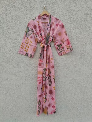 Indian Cotton Pink Floral Kimono Sleepwear Bath Robe Night Maxi Gown Kimono