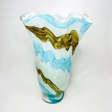 Art Glass Multi Colored Floral Coastal Vase Ruffled Edges Hand Blown 12" Tall