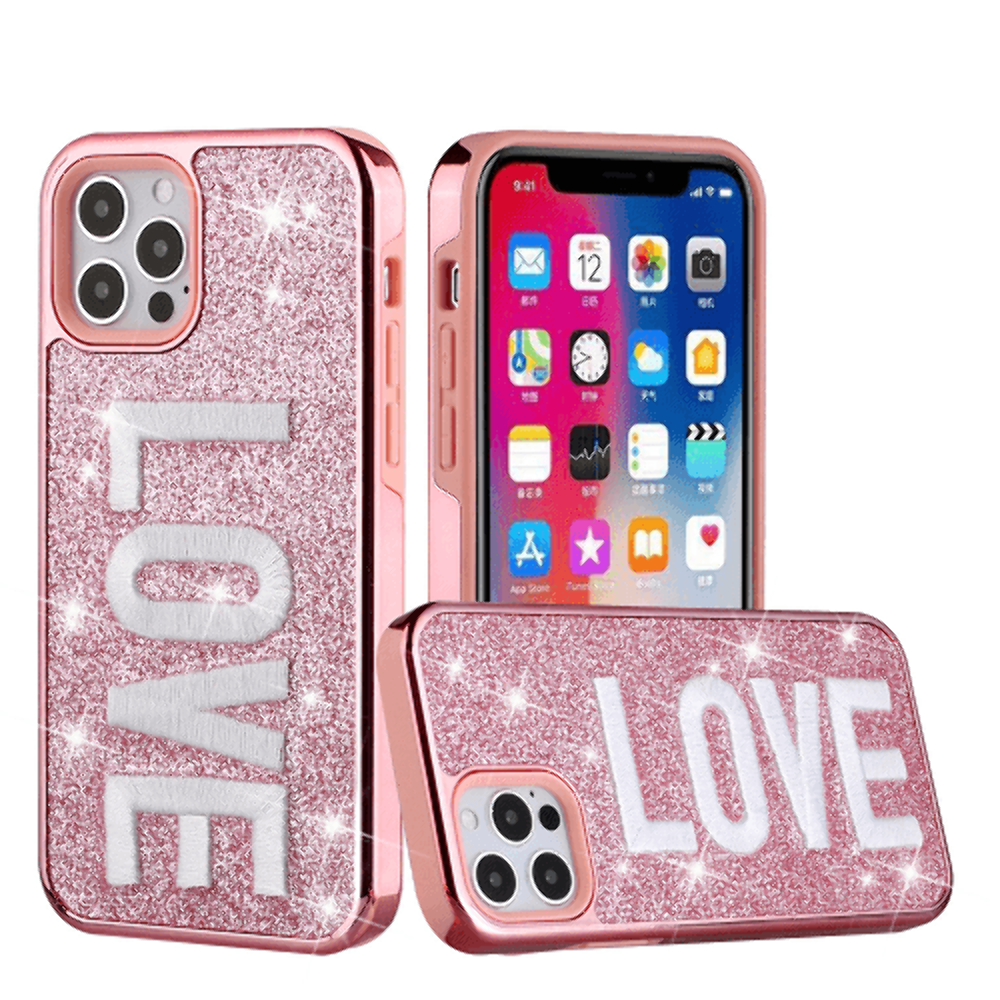 LOVE Embroidery Glitter Chrome Hybrid Case for iPhone 12 Pro Max