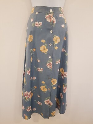 Vintage Rock Gr. 10 blau rosa gelb Blumen Midi lang Boho leicht MANGEL