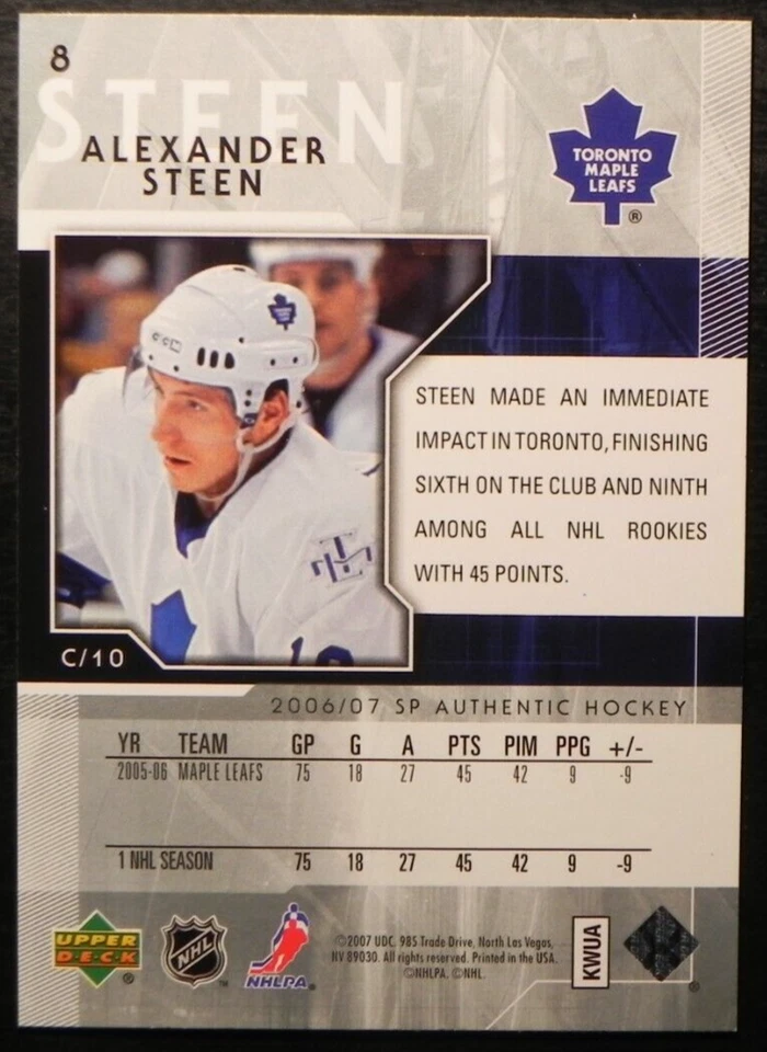 2006-07 06/07 SP Authentic #8 Alexander Steen Toronto Maple Leafs - Image 2 of 2