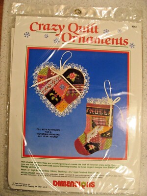 Vintage Dimensions 9052 Crazy Quilt Ornament Set - Heart & Stocking Needlepoint