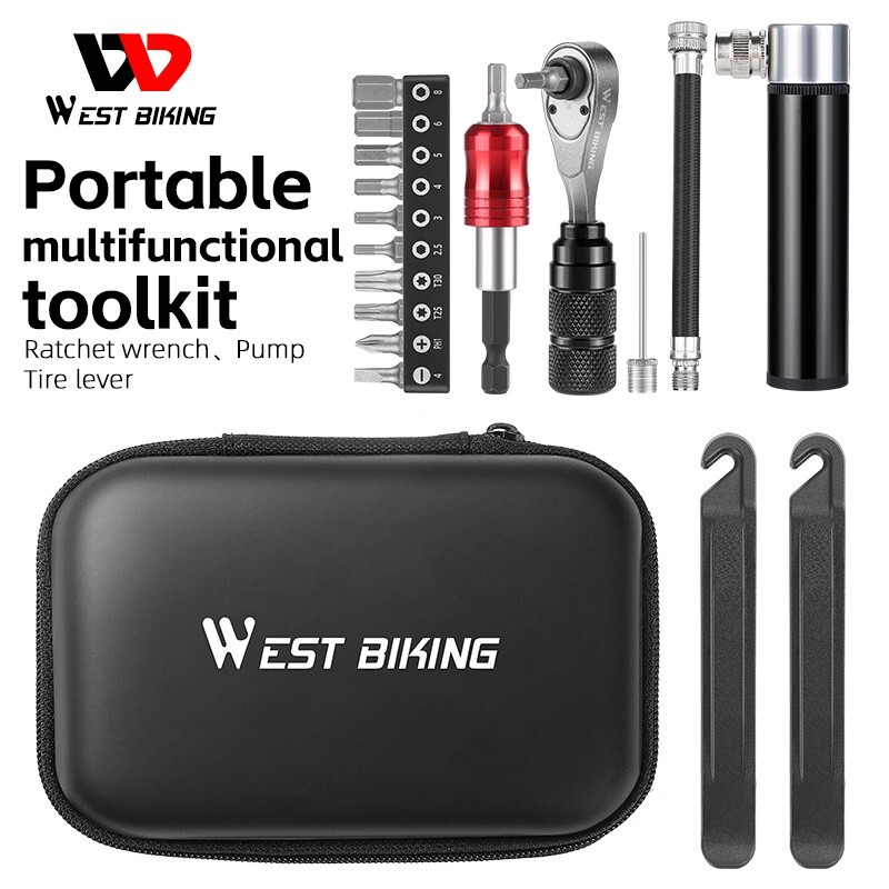 Portable Emergency Bike Repair Tool Kit Ratchet Wrench Pump Tire Lever Tools Bag