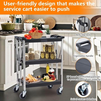 Foldable Utility Service Cart, 3 Shelf300LBS Heavy Duty Plastic Rolling Cart 