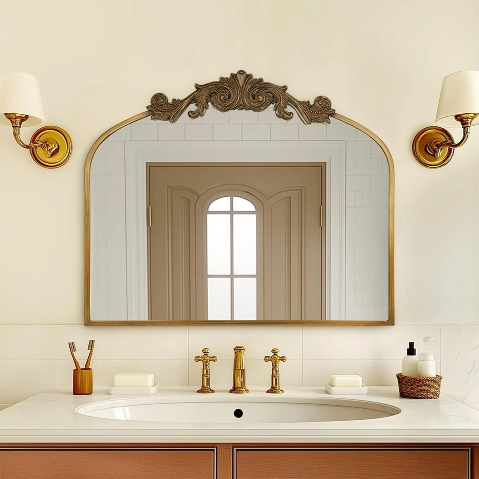 Espejo de Maquillaje de Baño Espejo Arqueado Barroco Adornado Vintage Dorado 36x30" Foto 4 de 4