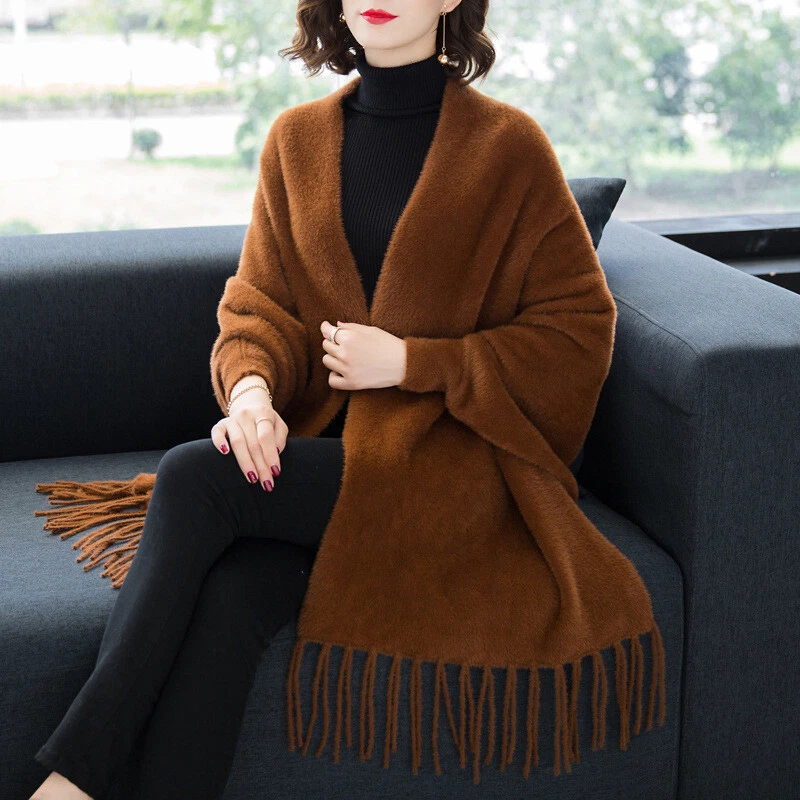 Womens Cape Poncho Outwear Warm Elegant Faux Fur Tassel Sleeves Shawl Cloak Coat - Image 3 of 4