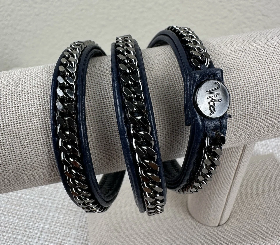 Vita Fede Armband dunkelblau Leder Italien 23" Rotguss Kette 3-fach umwickelt