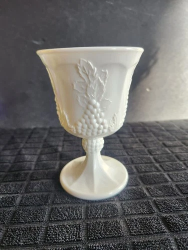Vintage Milk Glass Water Goblet "Harvest" Pattern by Colony • 5¼" Tall Grapes 🍇