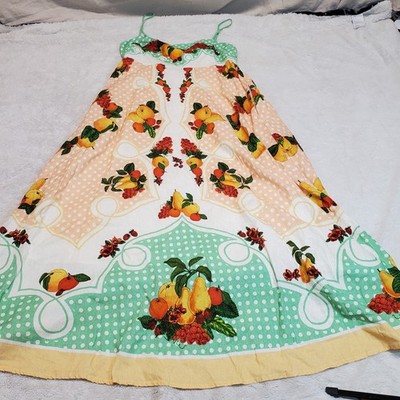 Caroline Costas Green White Fruit Print Milkmaid Linen Cottagecore Maxi Dress L
