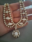 Double-strand milk glass necklace, w/rhinestones, bib/choker-style, vintage 15.5