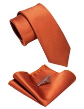 2.4" Rust Skinny Tie and Pocket Square with Tie Clip Sets for Men 6cm