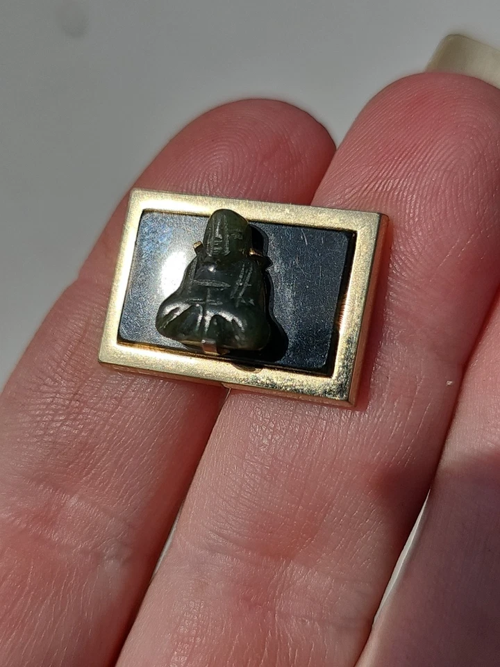 Vintage Gold Tone Metal Green Jade Dynasty Swank Buddha Cufflinks & Tie Tack Set - Image 2 of 4