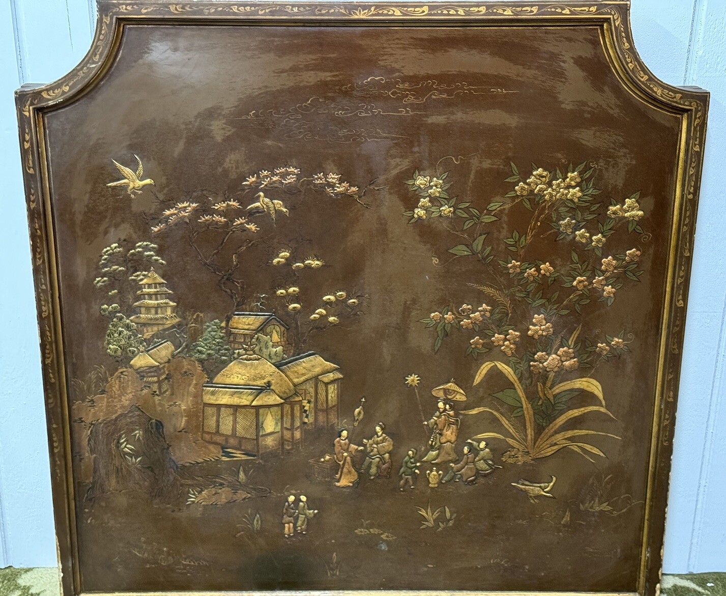 Vintage Chinese 3 Panel Screen Wall Art Inlaid Deities Village Scene Gold Accent