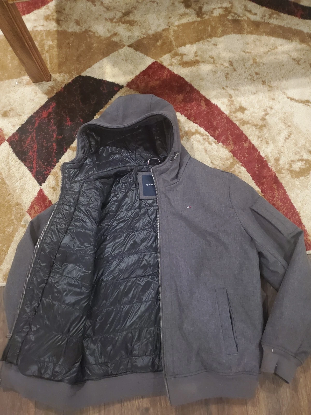 TOMMY HILFIGER Men Hooded Jacket L Large Quilted Insulated Lined Charcoal Coat