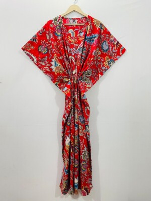 Indisches Vintage 100 % Baumwolle langes Strand Maxi Kaftan Kleid Einheitsgrö...