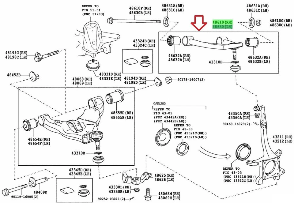 Juego de brazo de control superior delantero derecho derecho genuino Toyota 4Runner FJ Cruiser Lexus GX460 Foto 2 de 4