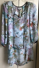 True Decadence Women's Size 10 Sheer Hi-Lo Blouse Top Blue Floral Shirt ~EUC~