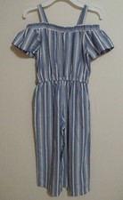 Bebe Big Girl's Blue/White Striped Cold-Shoulder Jumpsuit Size L  14  BWT