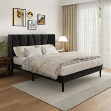 Queen Bed Frame with Headboard and Wingback, Velvet Upholstered Platform Bed, Ma