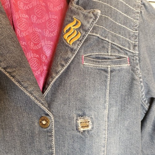 Rocawear Denim Jacket Girl Large 10/12 Medium Wash Magenta Satin Lined Y2K Retro - Picture 13 of 24