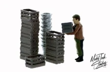 O scale FRUIT Crates, Produce Crates & Pails being Stacked by Worker 1/48 scale