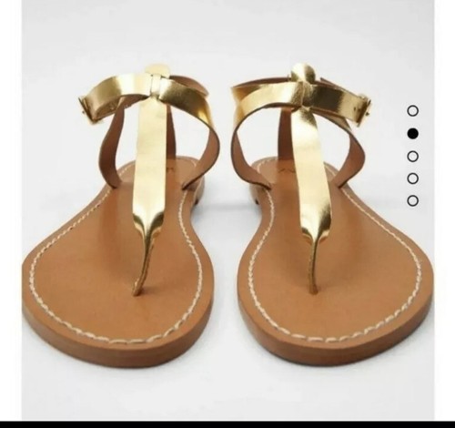 New Zara Women's Gold Flat Laminated Leather Sandals Shoe,Size 8US | eBay