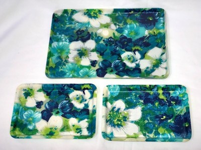 Vtg MCM Fiberglass Floral Serving Lunch Lap Trays Rectangle Blue Flower Power