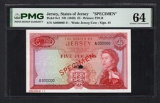 Jersey 5 Pounds ND(1963) P9s1  Specimen  Uncirculated Grade 64