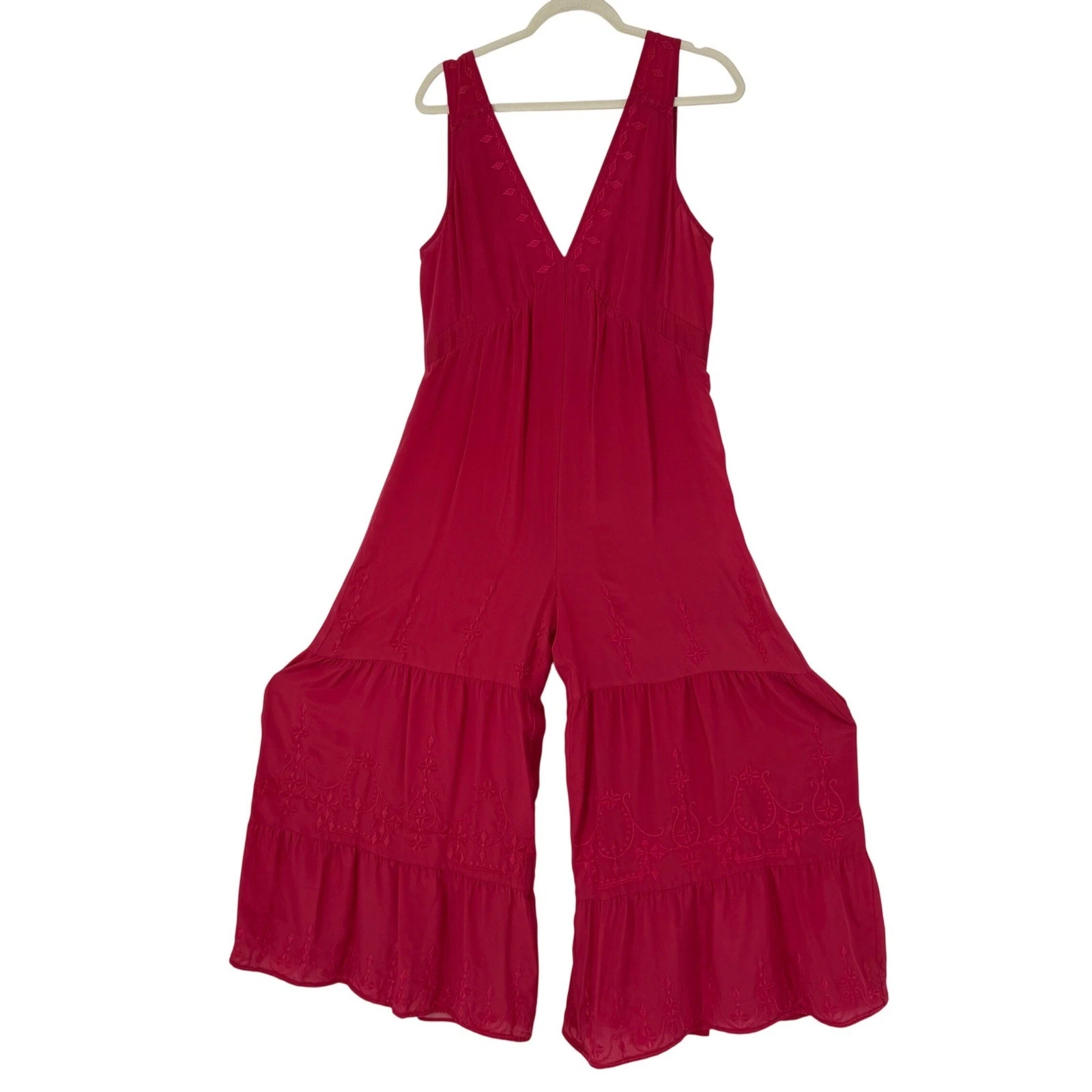 Anthropologie Red Pink 100% Silk Embroidered Tiered Wide Leg Jumpsuit Size S