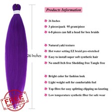 UPruyo Pre-Stretched Braiding Hair Purple Box Braids Crochet 26 Inch 3pk