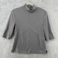 We The Free Top Women Large Black White Striped Mock Neck Short Sleeves Fitted